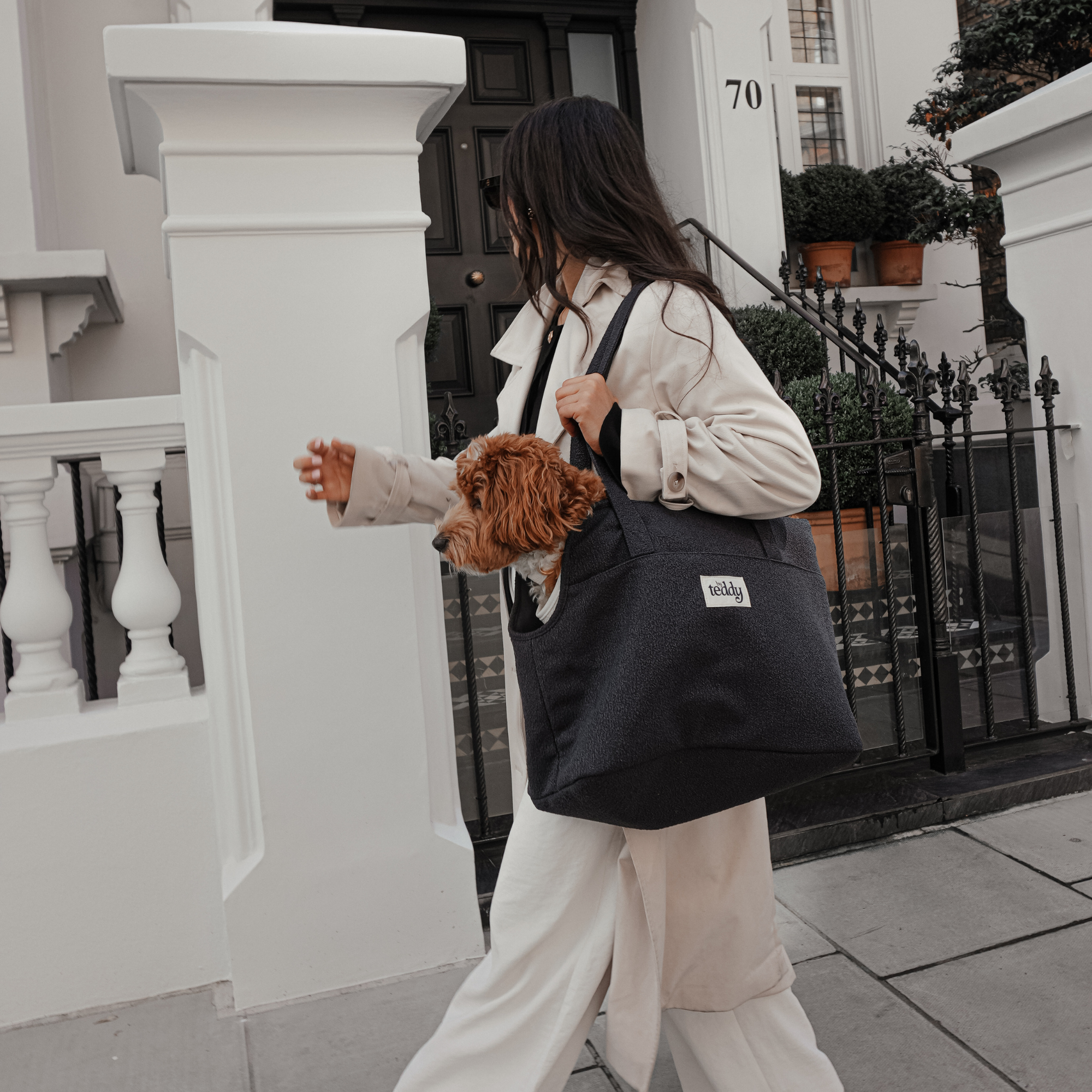 Luxury Midnight Bouclé Carrier styled for travel