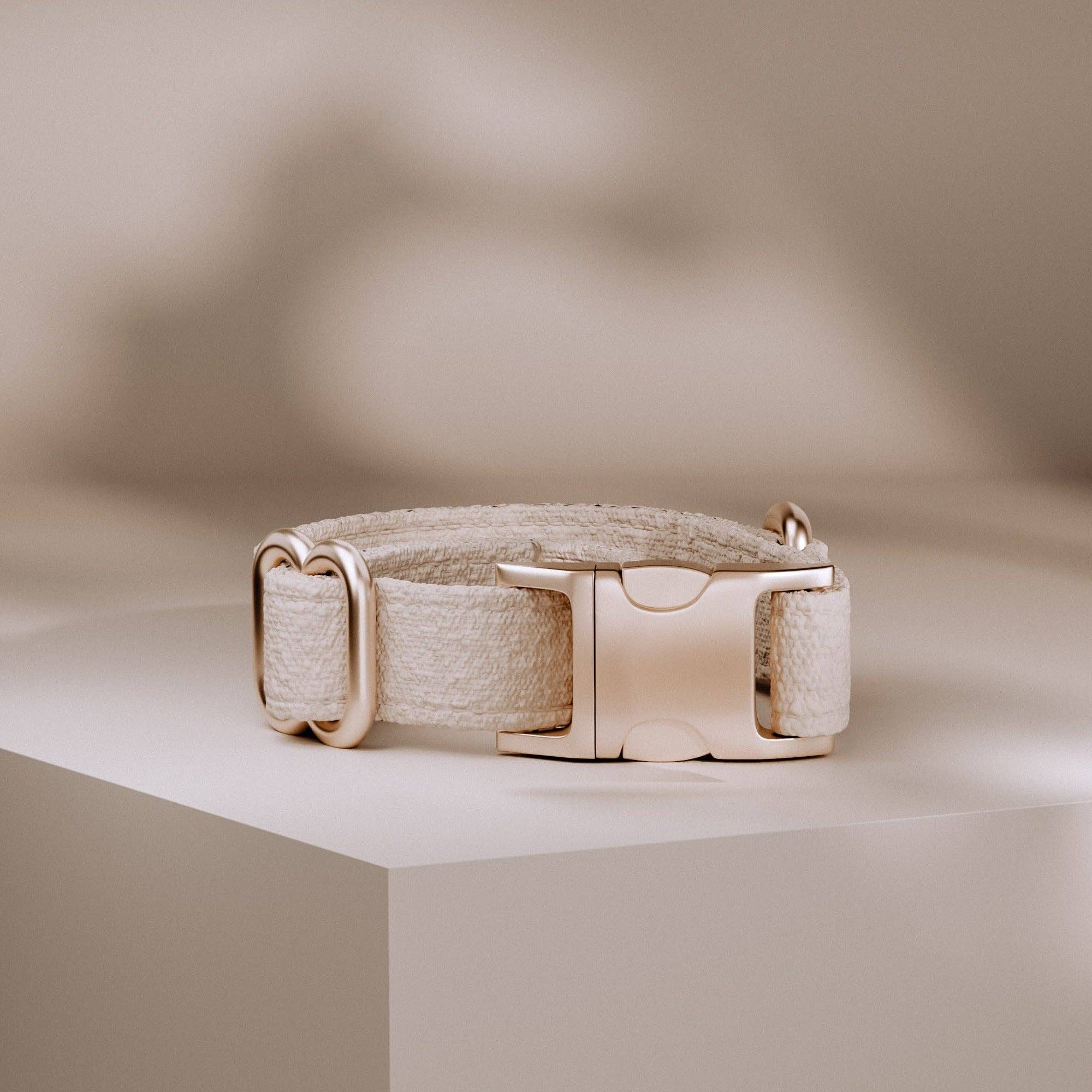 Beige dog collar with a metallic buckle on a neutral background