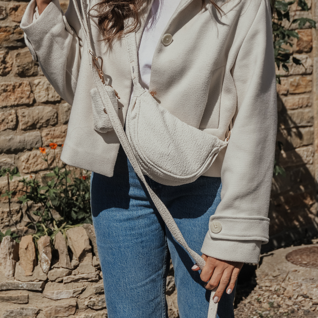 Marshmallow bouclé crossbody walking bag