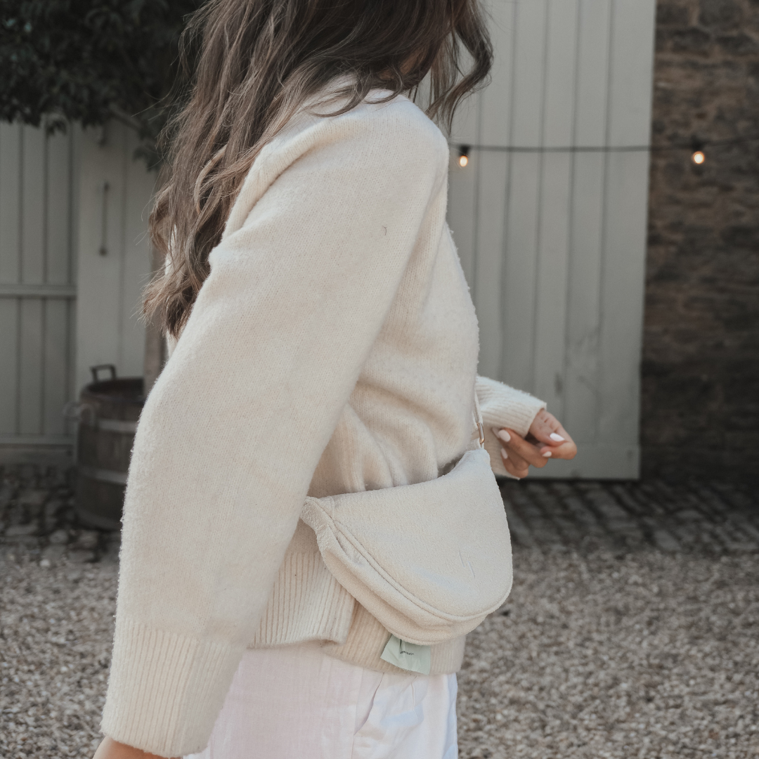 Lifestyle image of the Marshmallow Bouclé Walking Bag