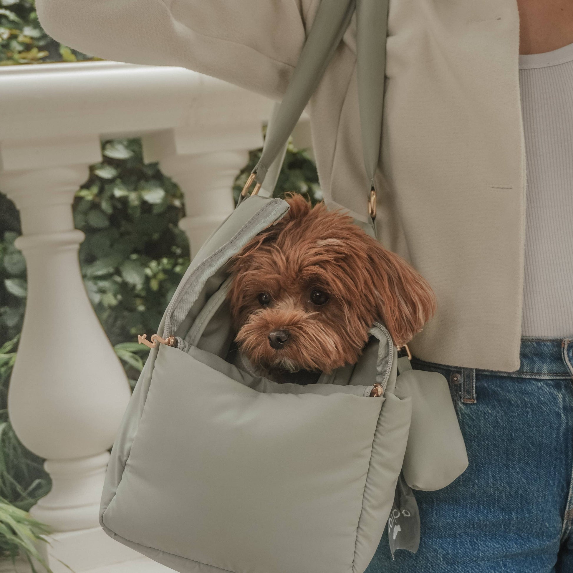Close-up of the Matcha Puffer Carrier by BY TEDDY