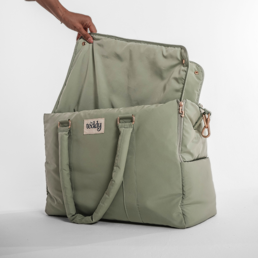Lifestyle image of the Matcha Puffer Carrier by BY TEDDY