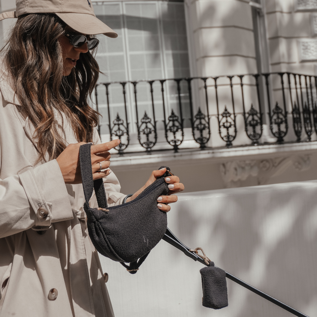Crossbody styling of the Midnight Bouclé Walking Bag