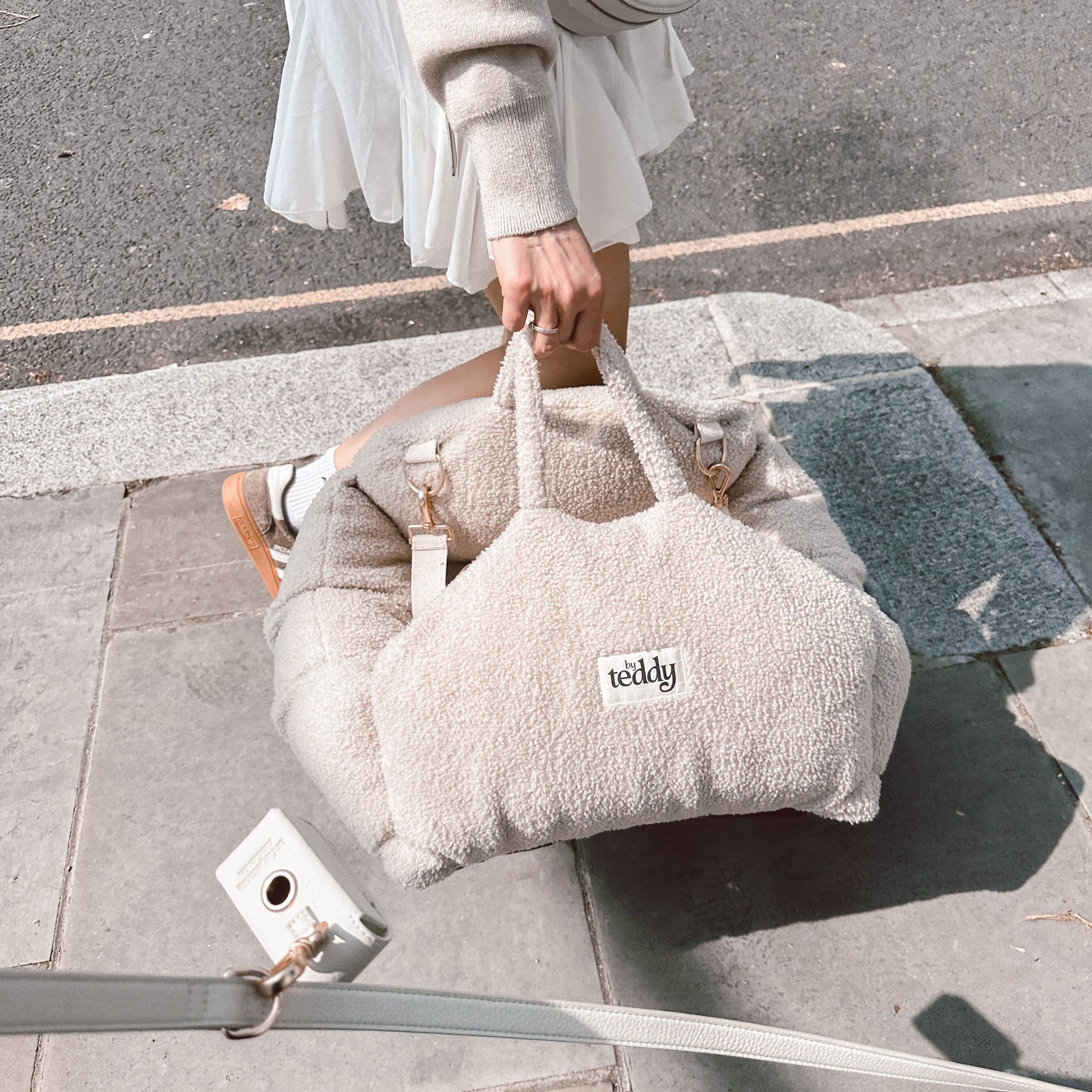 Person holding a fluffy pet carrier with a dog peeking out on a sidewalk