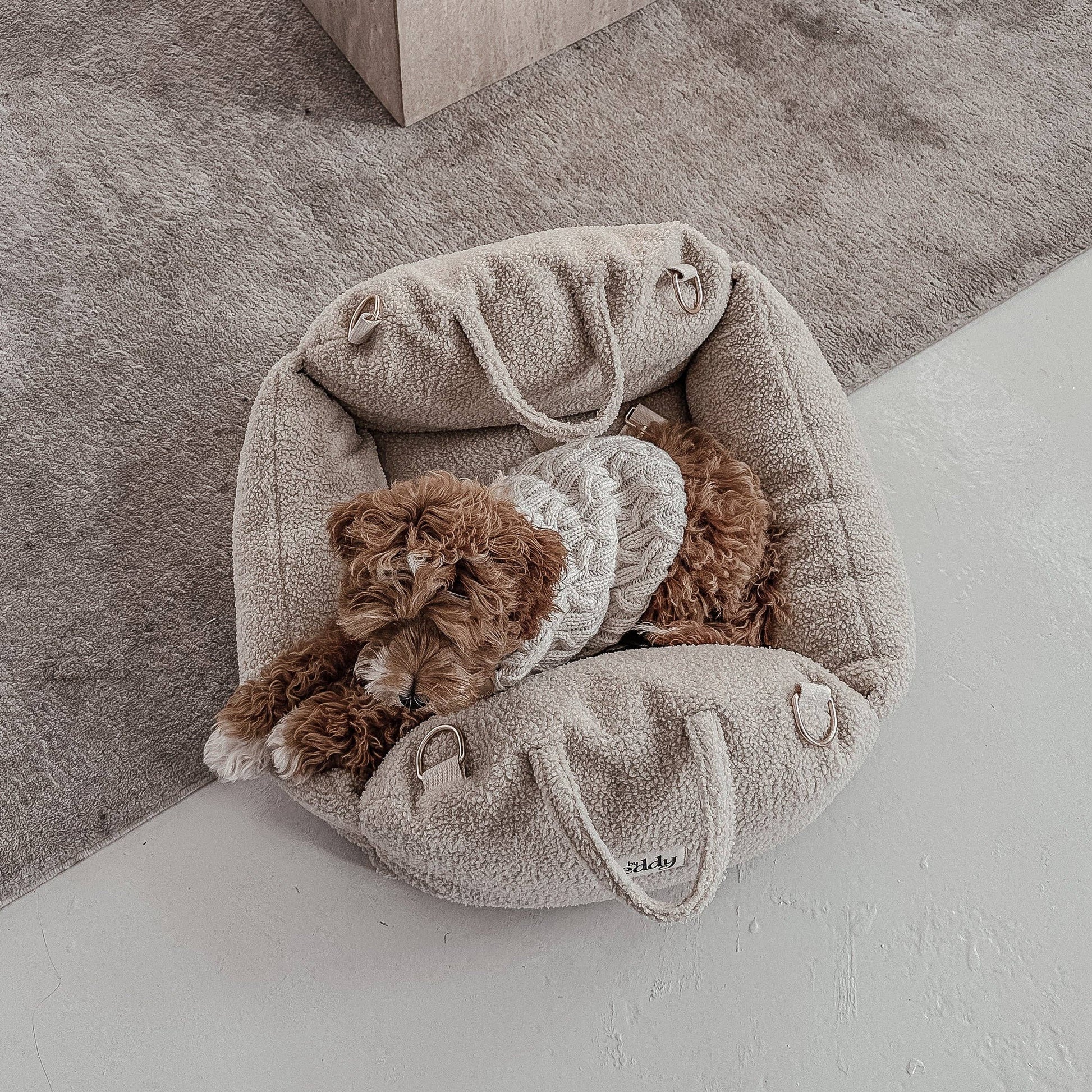 Small brown dog in a cozy beige pet bed on a light gray floor.