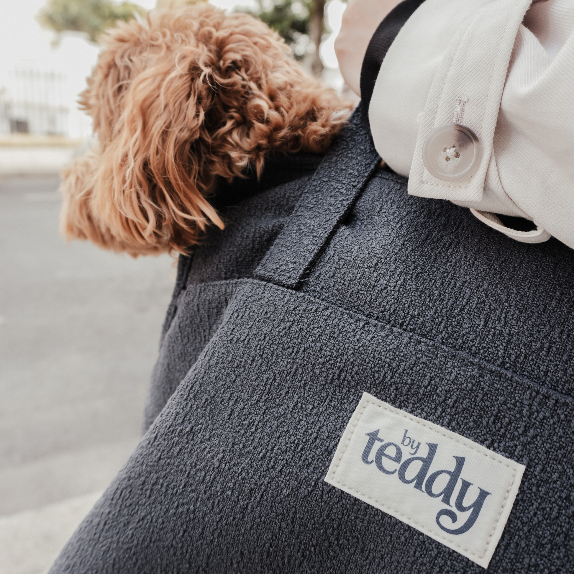 Person wearing a dark jacket with 'by teddy' label, accompanied by a dog.