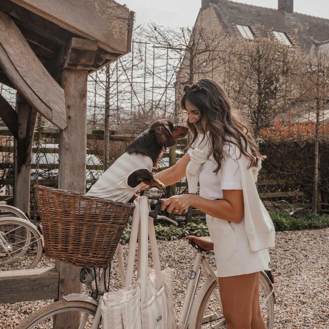 Hazelnut stripe cooling vest styled outdoors