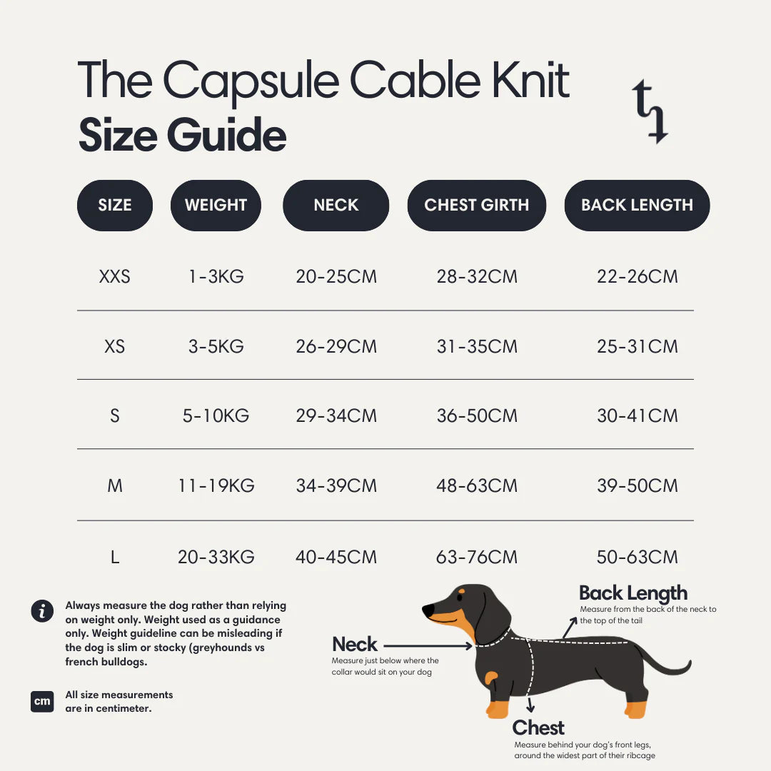 Dog size guide for Capsule Cable Knit products with measurements in centimeters.