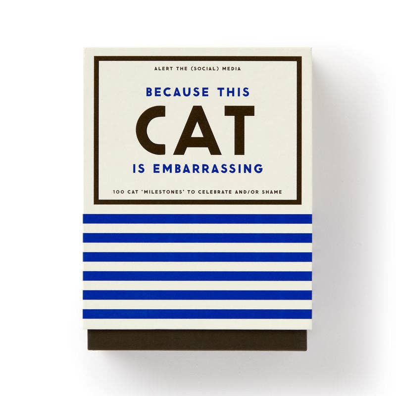 Book titled 'Because This Cat is Embarrassing' with blue and white design on a white background