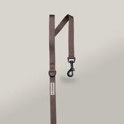 Brown dog leash with clip on a light gray background