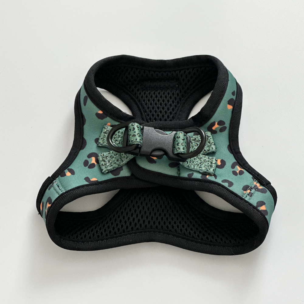 Close-up of the Khaki Leopard Cat Harness print and buckle