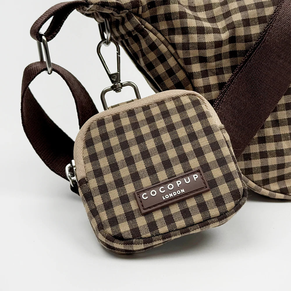 Cocopup London Cotswold Check crescent dog treat pouch with clip.