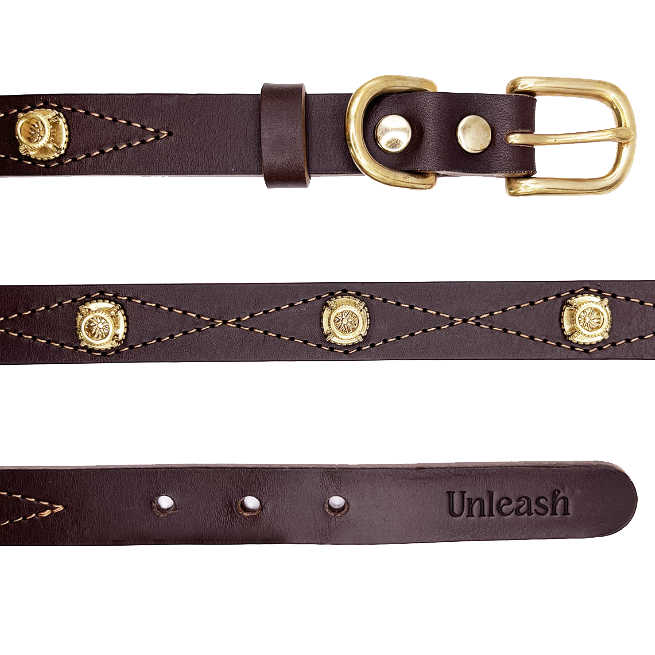Brown leather belt with gold hardware and 'Unleash' engraving on a white background