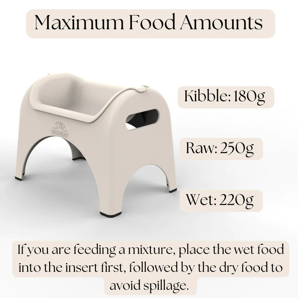 Pet food dispenser with maximum food amount labels on a white background