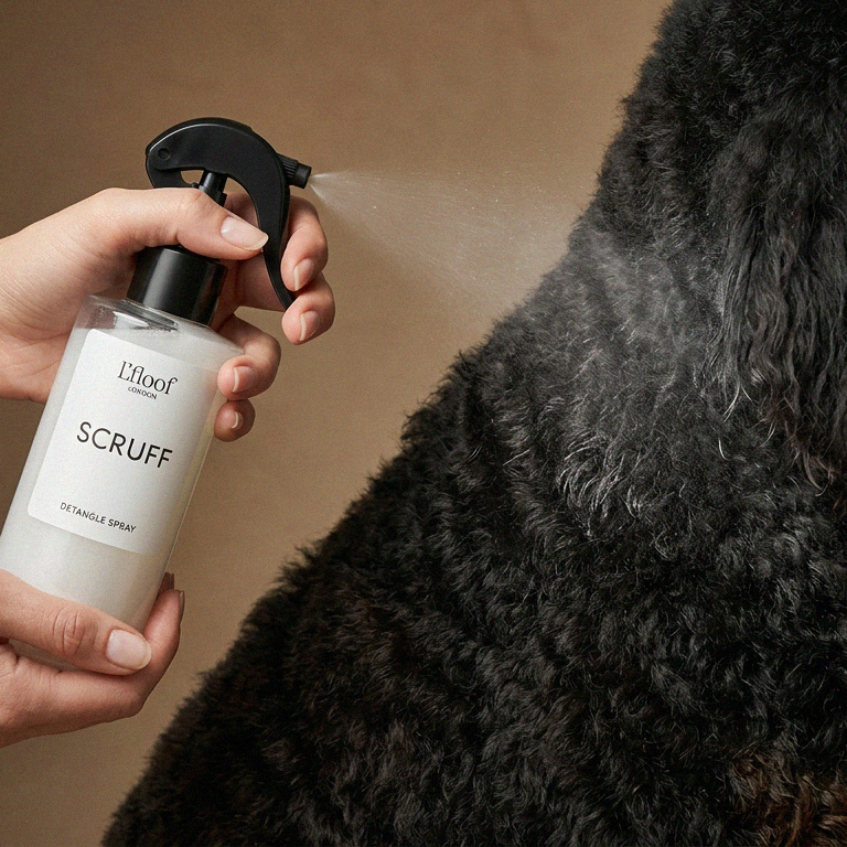 Person using a bottle labeled 'Scruff' on a black dog.
