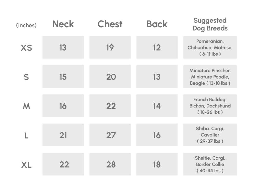 A sizing chart table for dog collars showing sizes XS through XL with neck, chest, and back measurements in inches, plus suggested dog breeds for each size.