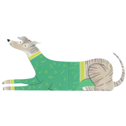 Dog-shaped cushion with green pattern on a white background
