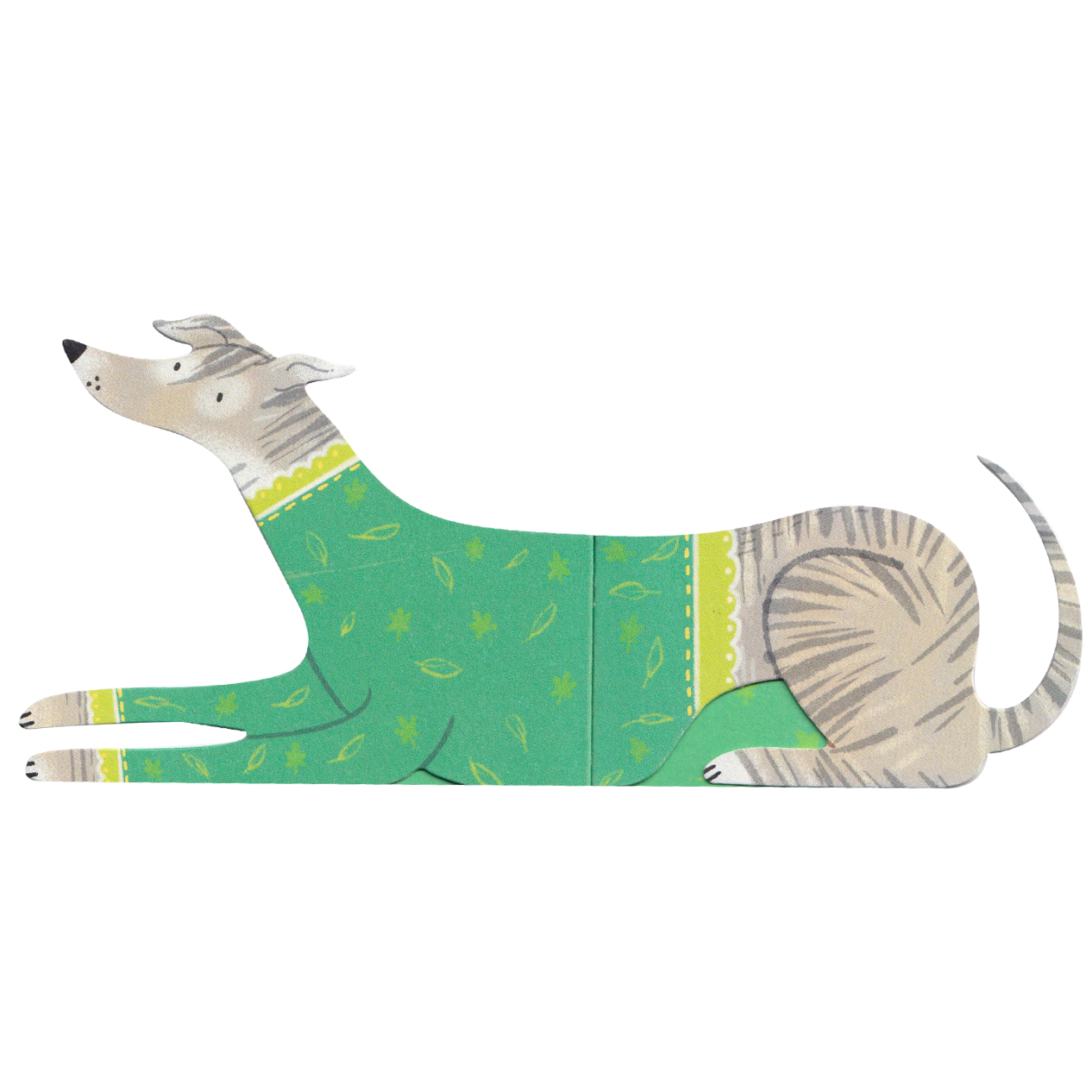Dog-shaped cushion with green pattern on a white background