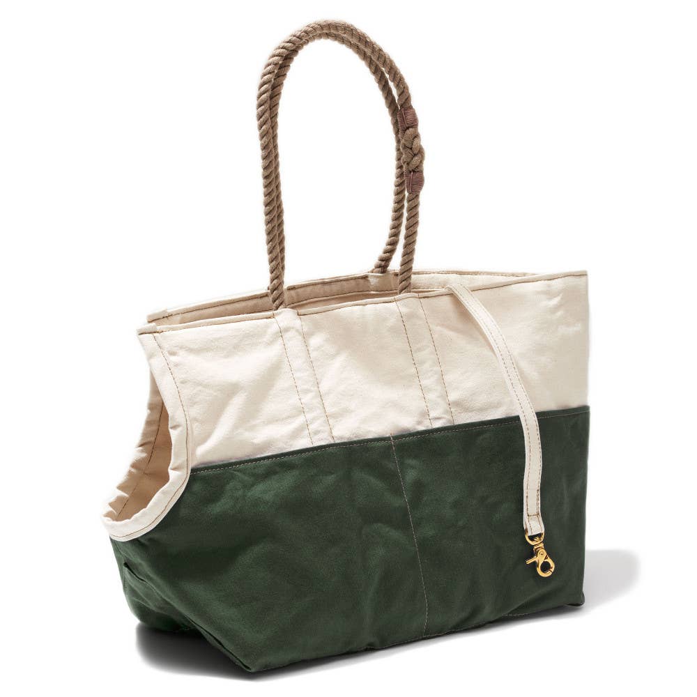 Green and beige tote bag with rope handles on a white background