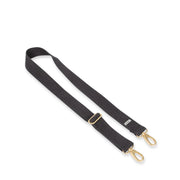 Black strap with gold hardware on a white background