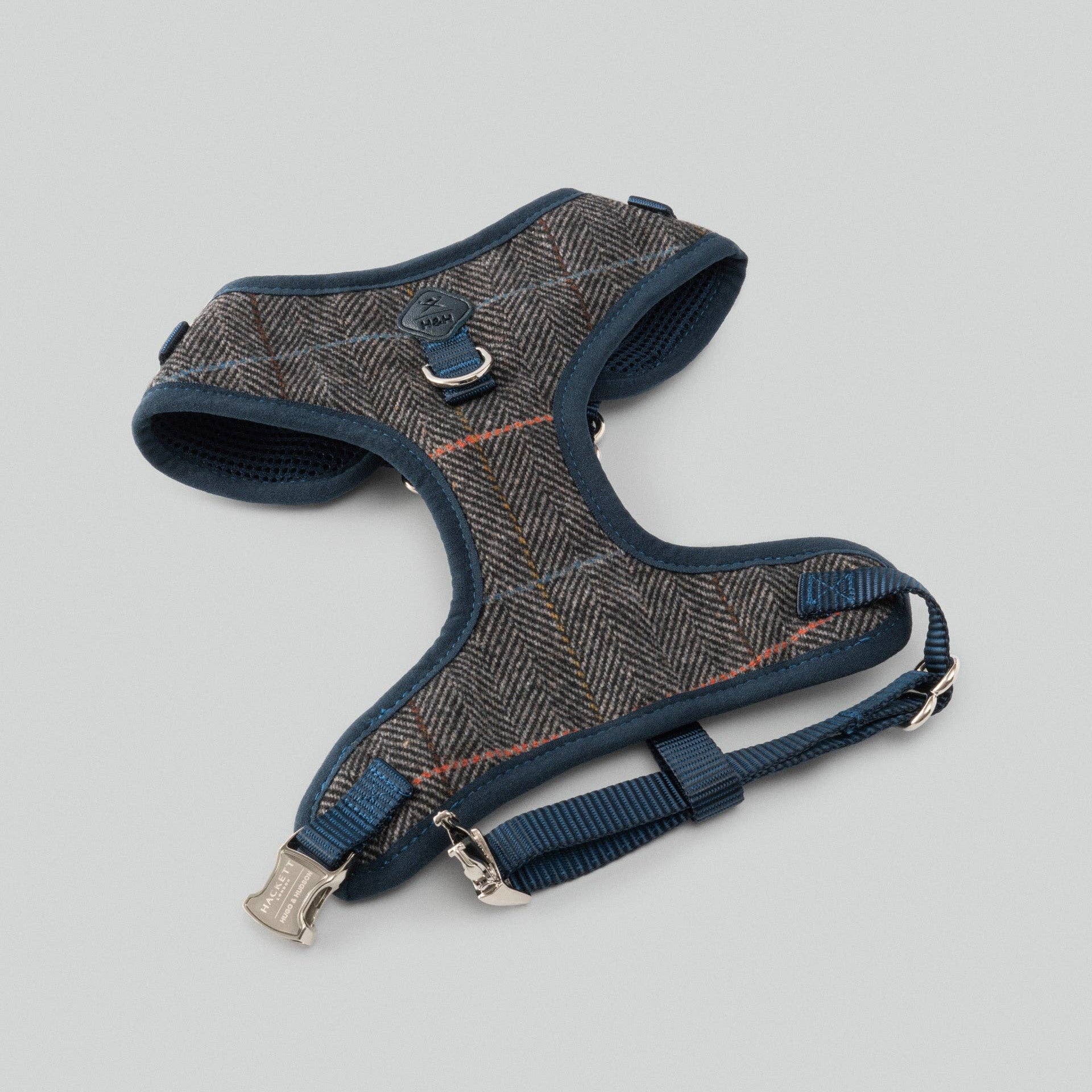 Grey checked herringbone tweed dog harness with adjustable fit and premium metal hardware