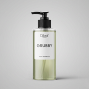 Shampoo bottle labeled 'Grubby' by L'ifoot on a gray background