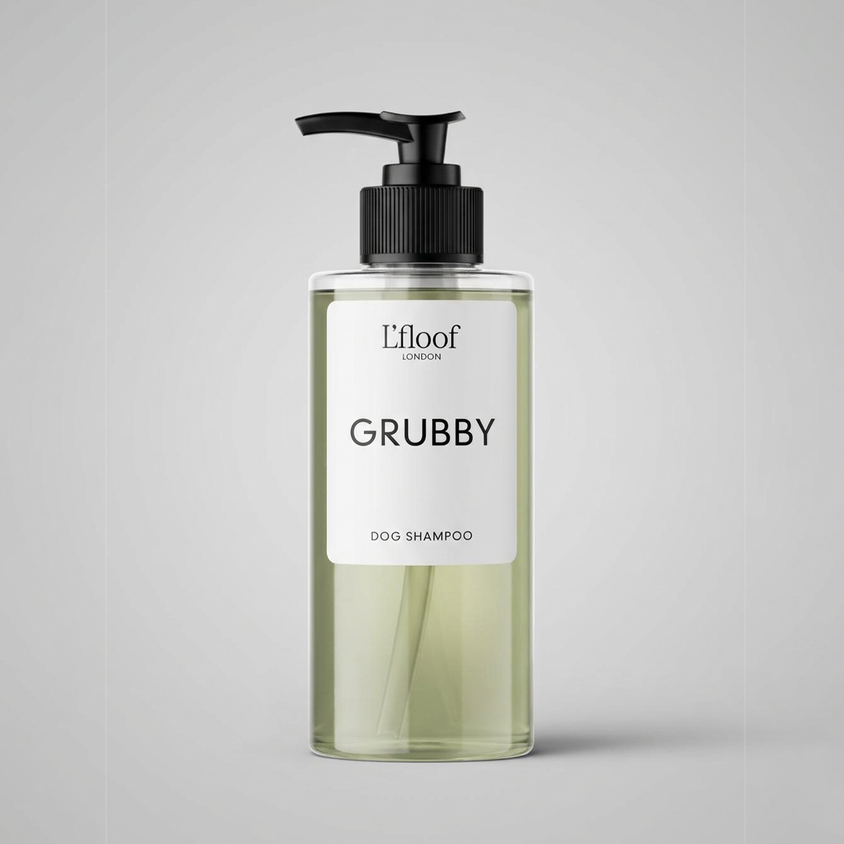Shampoo bottle labeled 'Grubby' by L'ifoot on a gray background