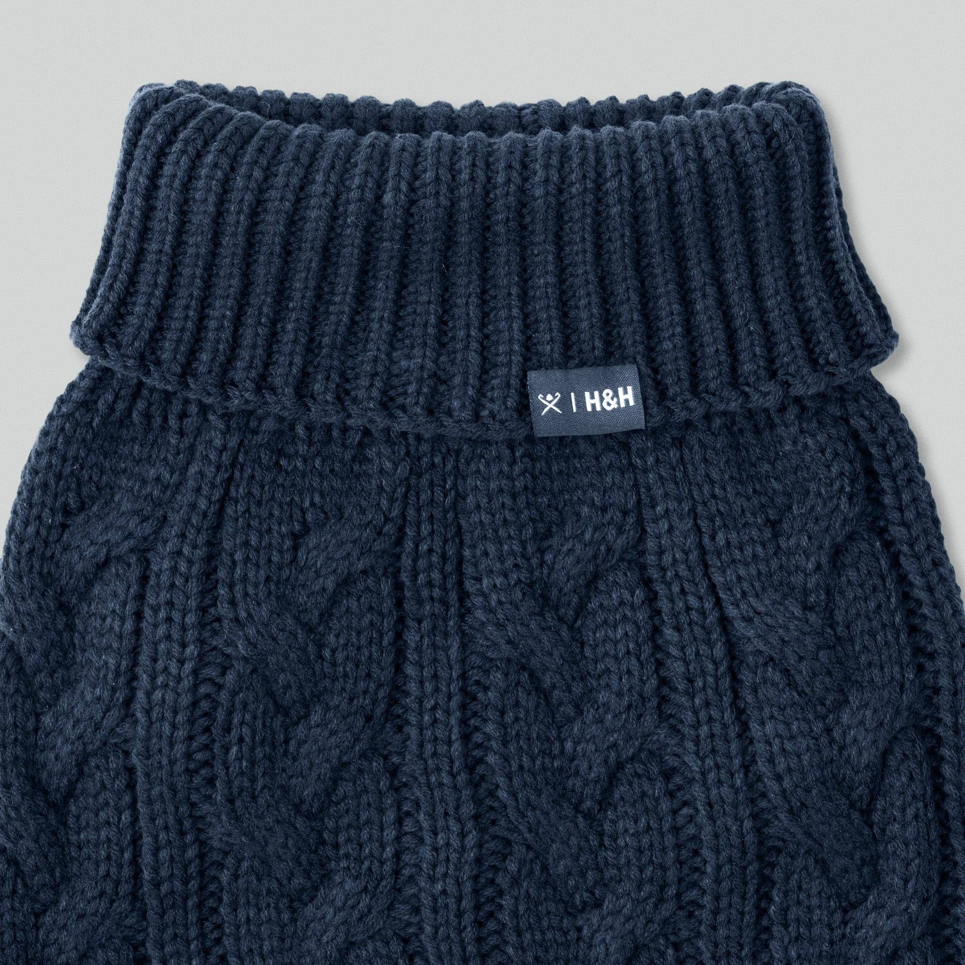 Navy Cable Knit Pullover Dog Jumper laid flat showing premium knit texture