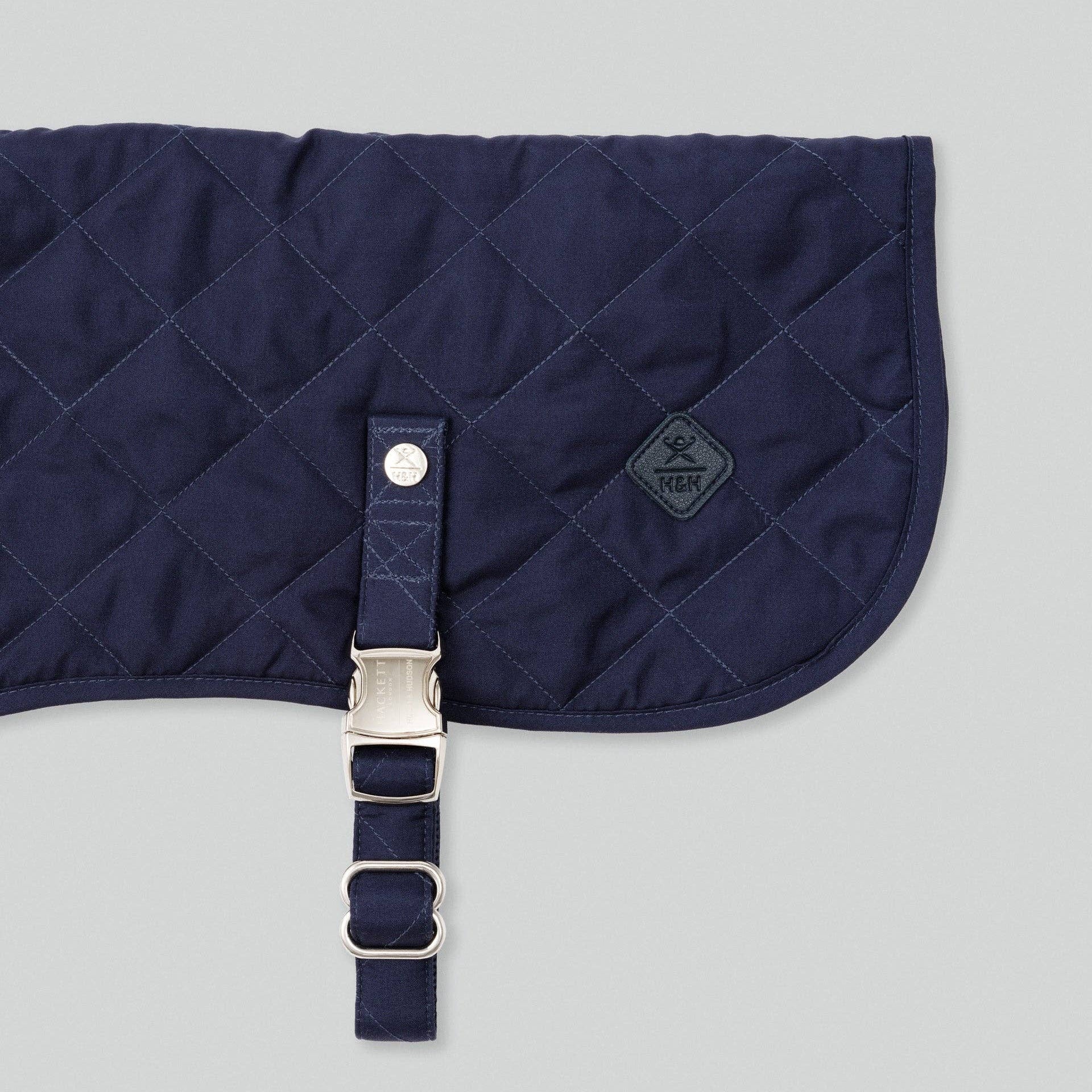 Corduroy collar detail on the Navy Quilted Dog Jacket