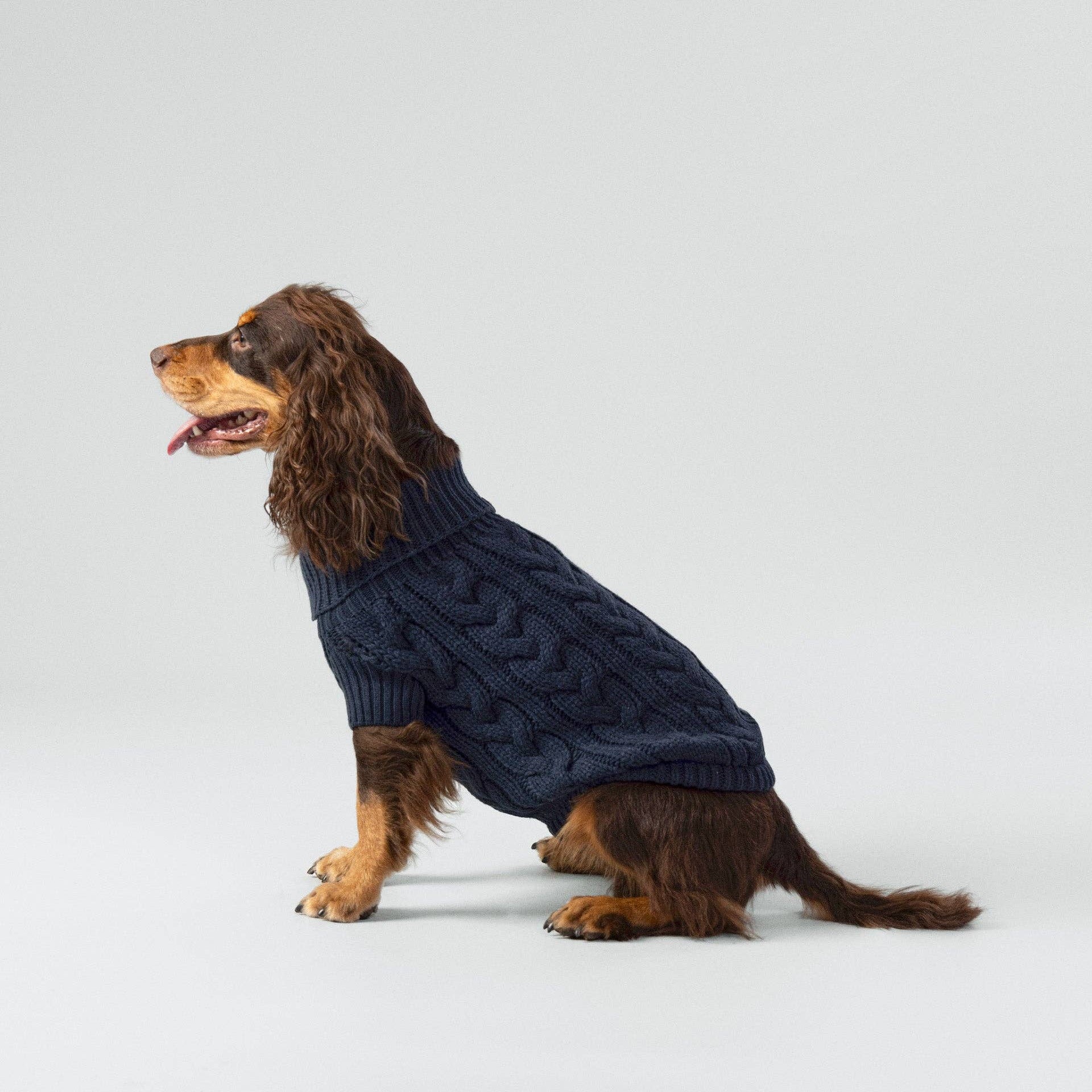 Close-up of the cable knit detailing on the navy dog jumper