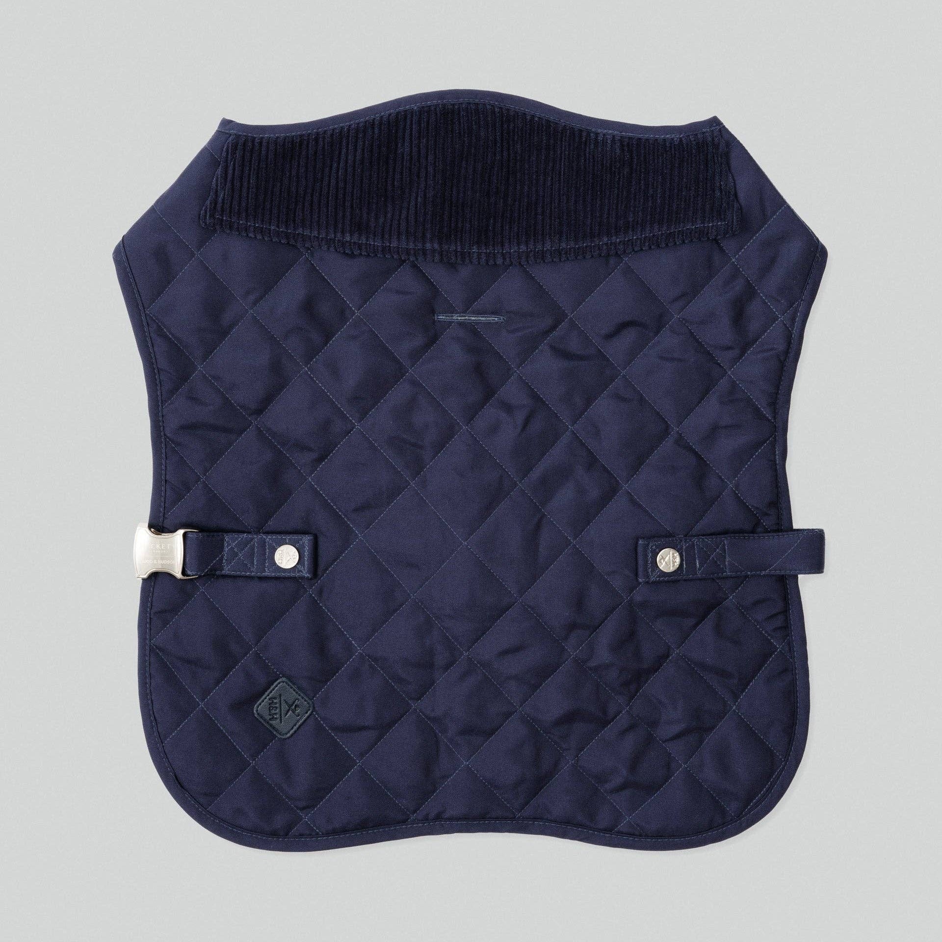 Back view of the Navy Quilted Dog Jacket with adjustable fit