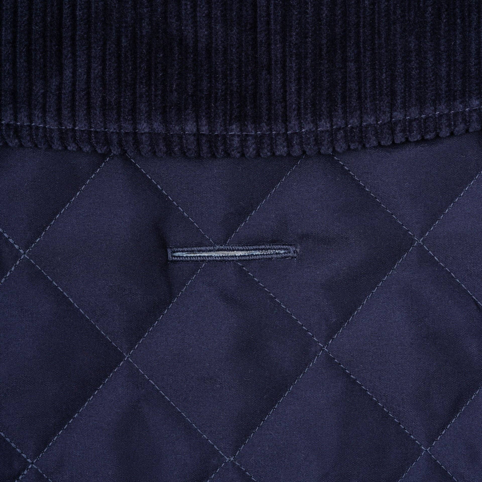 Lead access hole detail on the Navy Quilted Dog Jacket compatible with harnesses