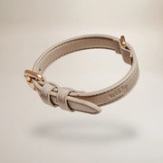Beige leather dog collar with a buckle on a beige background