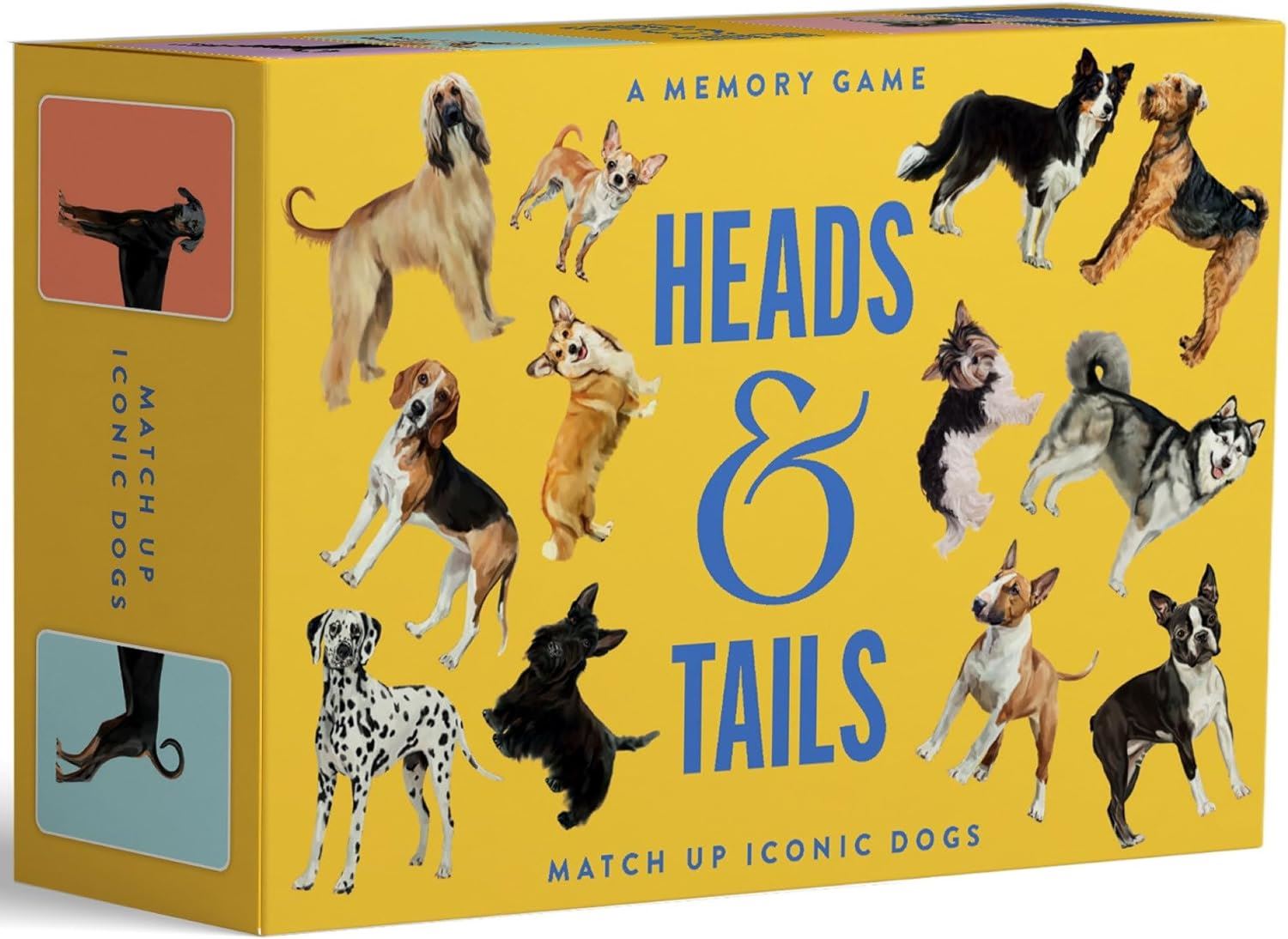 Box of 'Heads & Tails' memory game with images of dogs on a yellow background