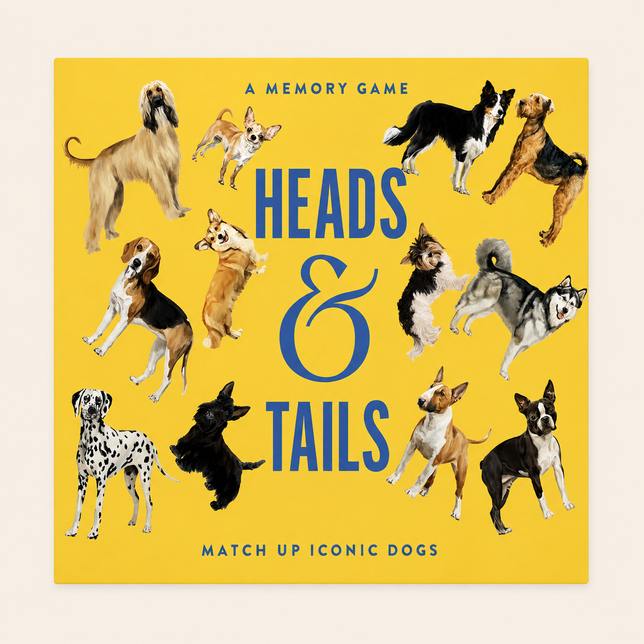 Cover of 'Heads & Tails' memory game with images of dogs on a yellow background