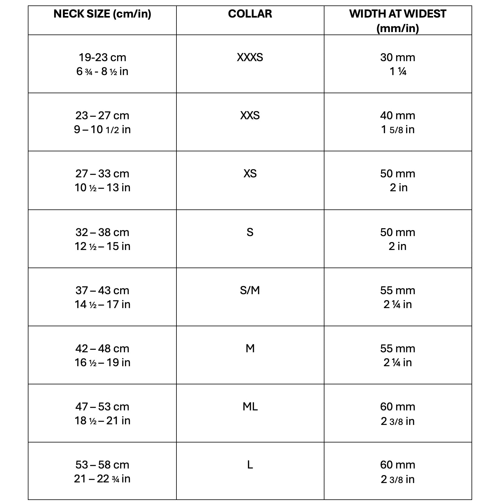 Size chart for soft leather hound collars with neck size, collar width, and approximate measurements.
