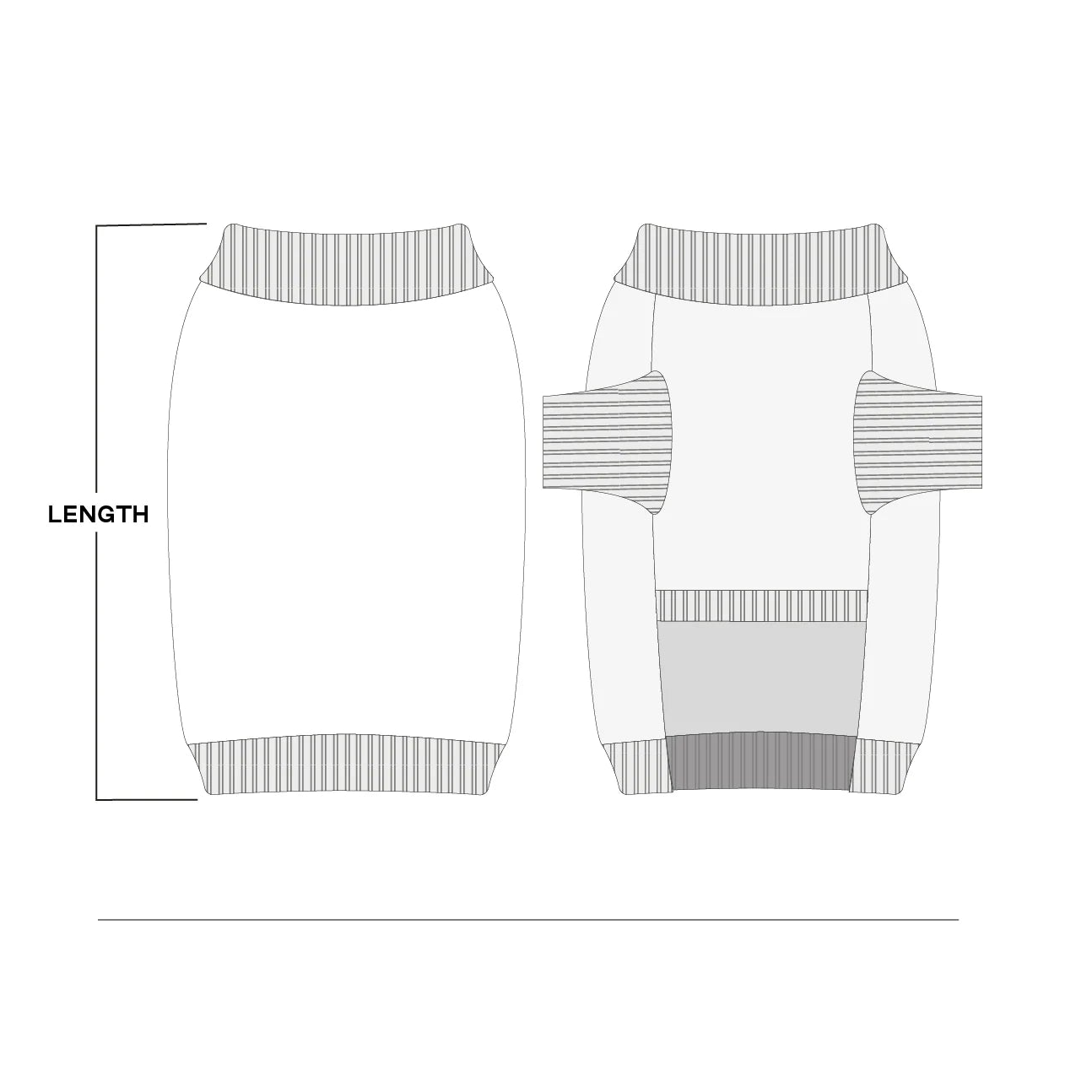 Jumper size guide with measurements for different sizes on a white background