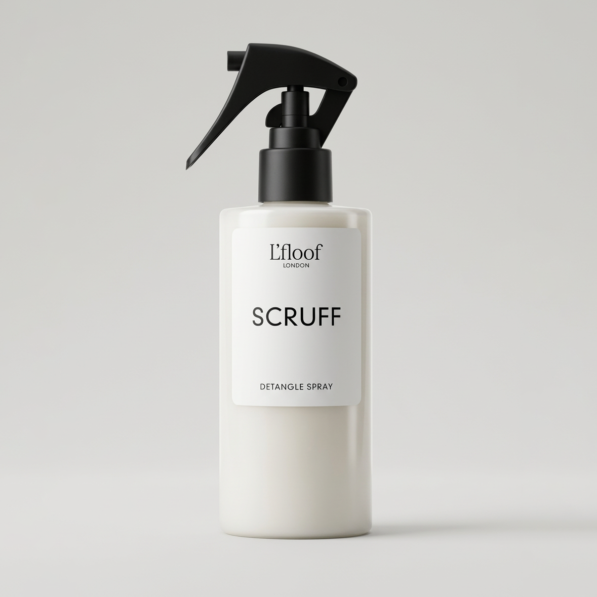 White bottle with black spray nozzle labeled 'Scruff' on a light gray background