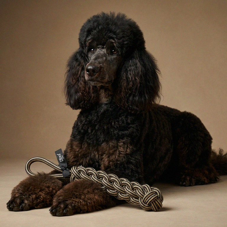 Black poodle lying on a beige surface with a rope toy.
