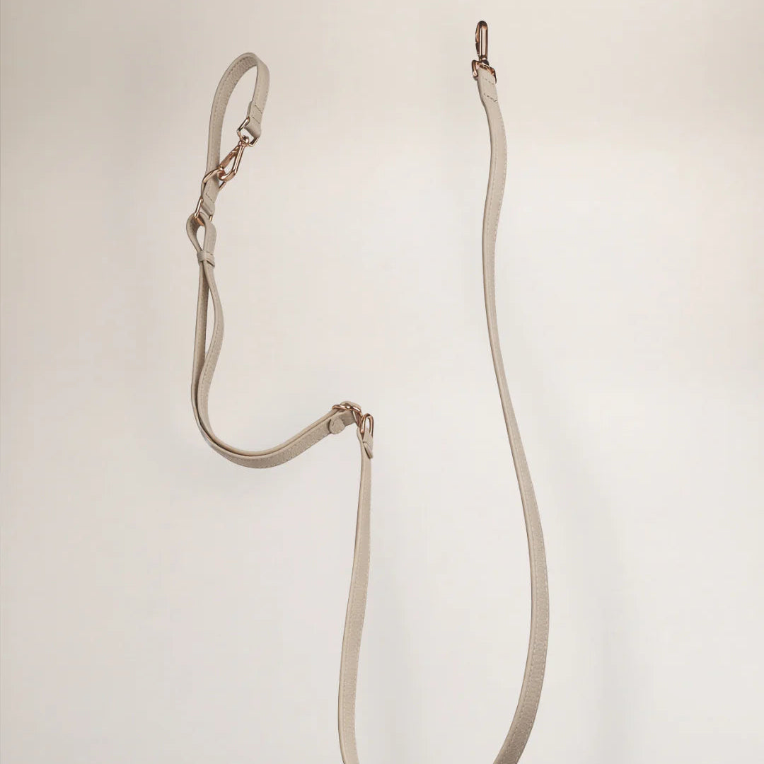 Beige leather dog leash with metal clip on a light beige background