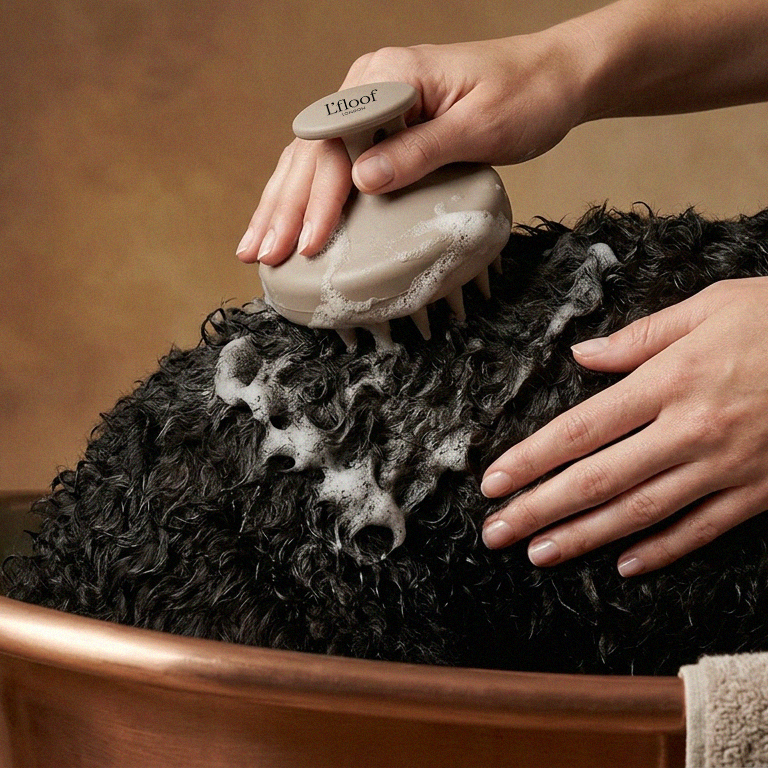 Person washing a black dog with soap in a brown bowl.