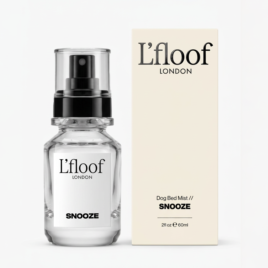 Lfloof London dog bed mist bottle and packaging on a white background