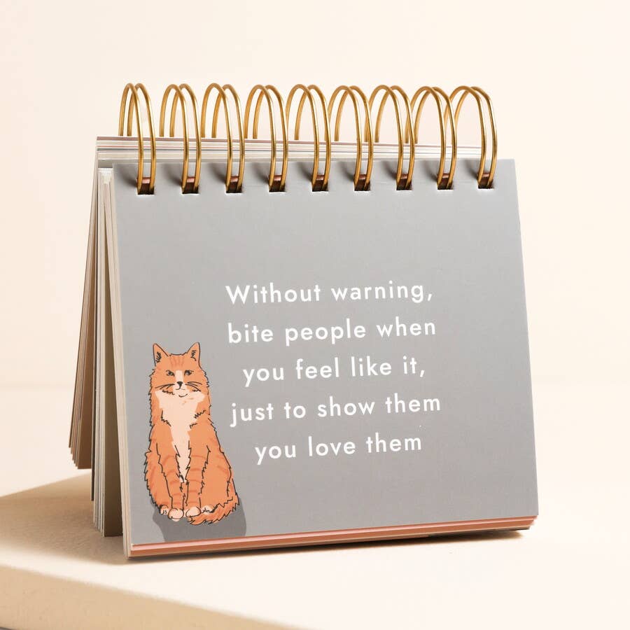 Small calendar with a cat illustration and humorous text on a beige background