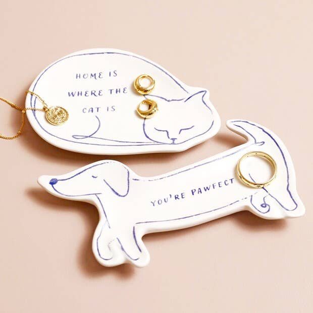 Cat Quote Trinket Dish styled on a bedside table