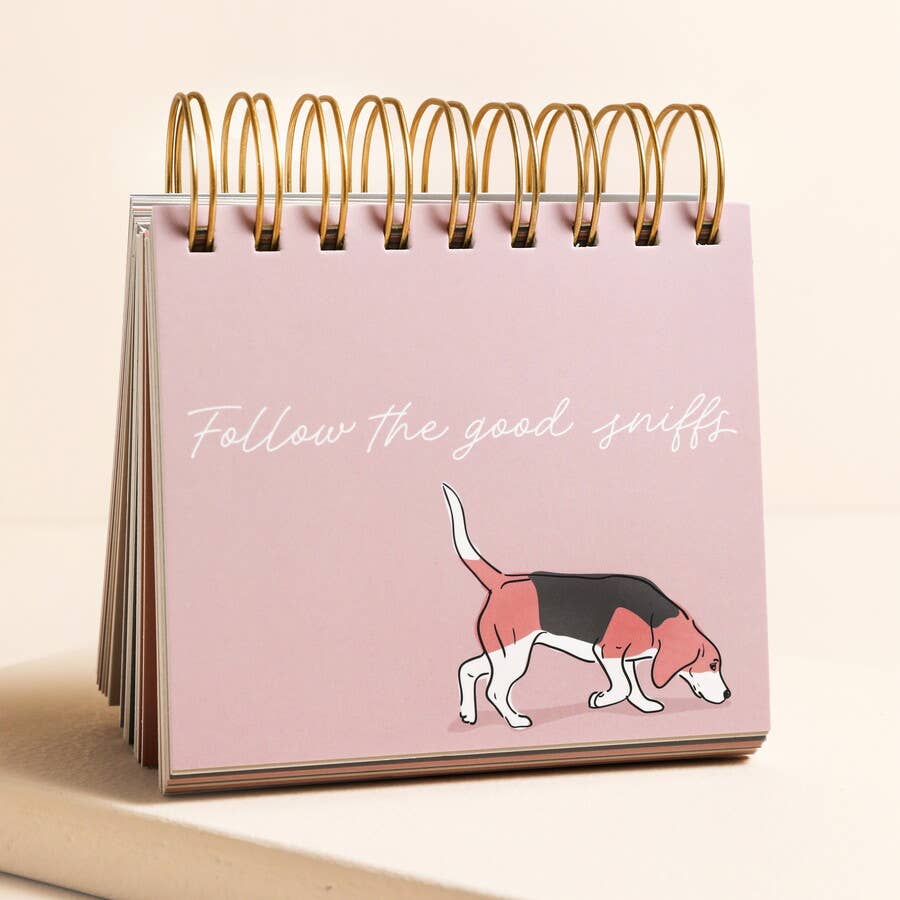 Pink desk calendar with a dog illustration and 'Follow the good sniffs' text on a beige background