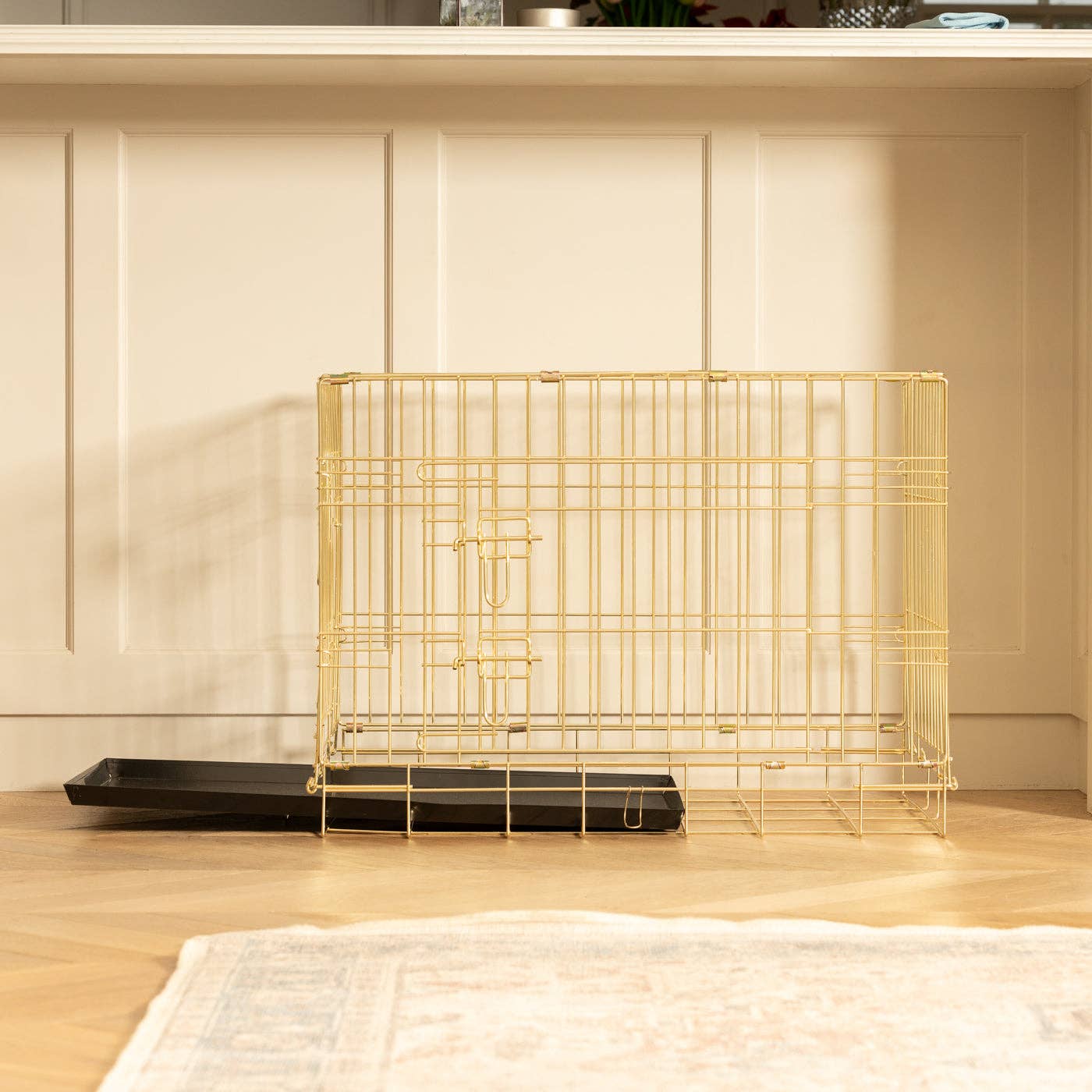 Champagne Gold Deluxe Dog Crate styled in a modern home interior