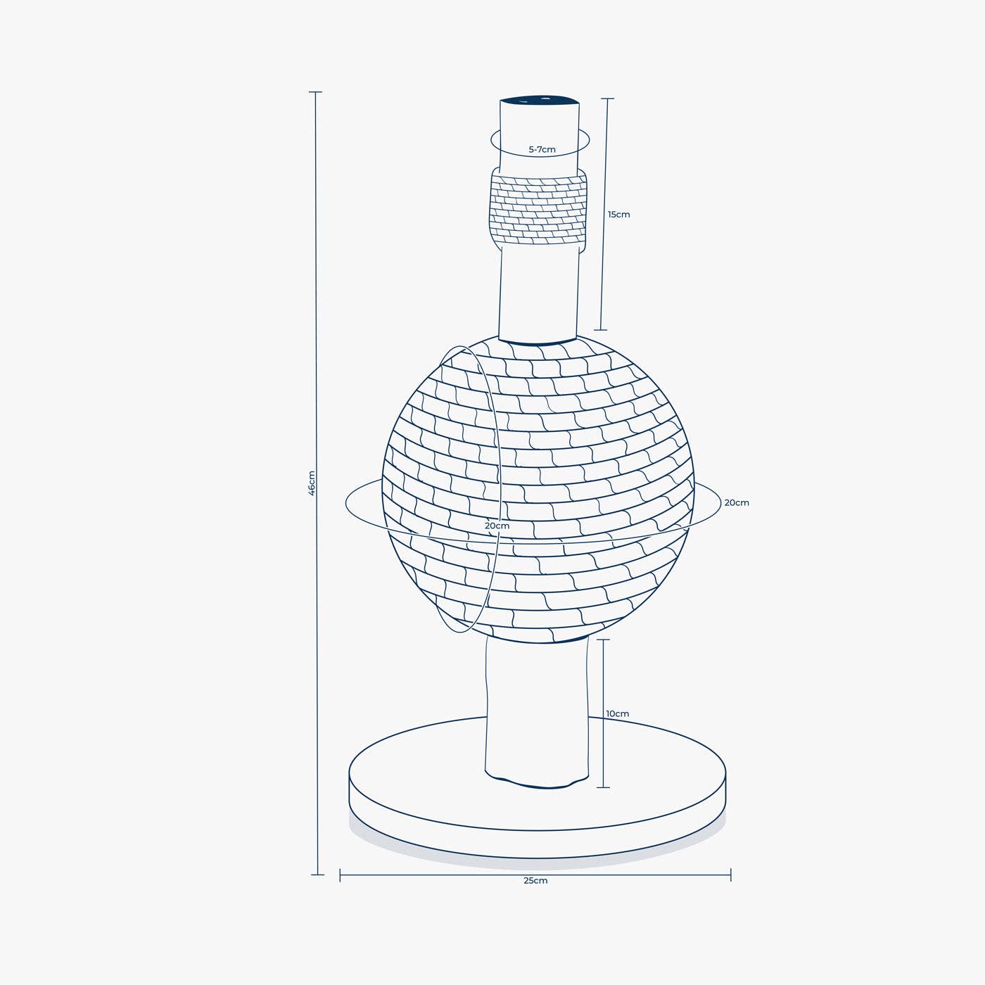 Measurement chart of a decorative object with dimensions labeled