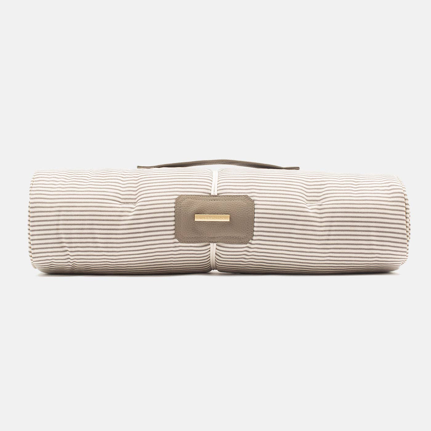 Striped fabric roll with a gold logo on a white background