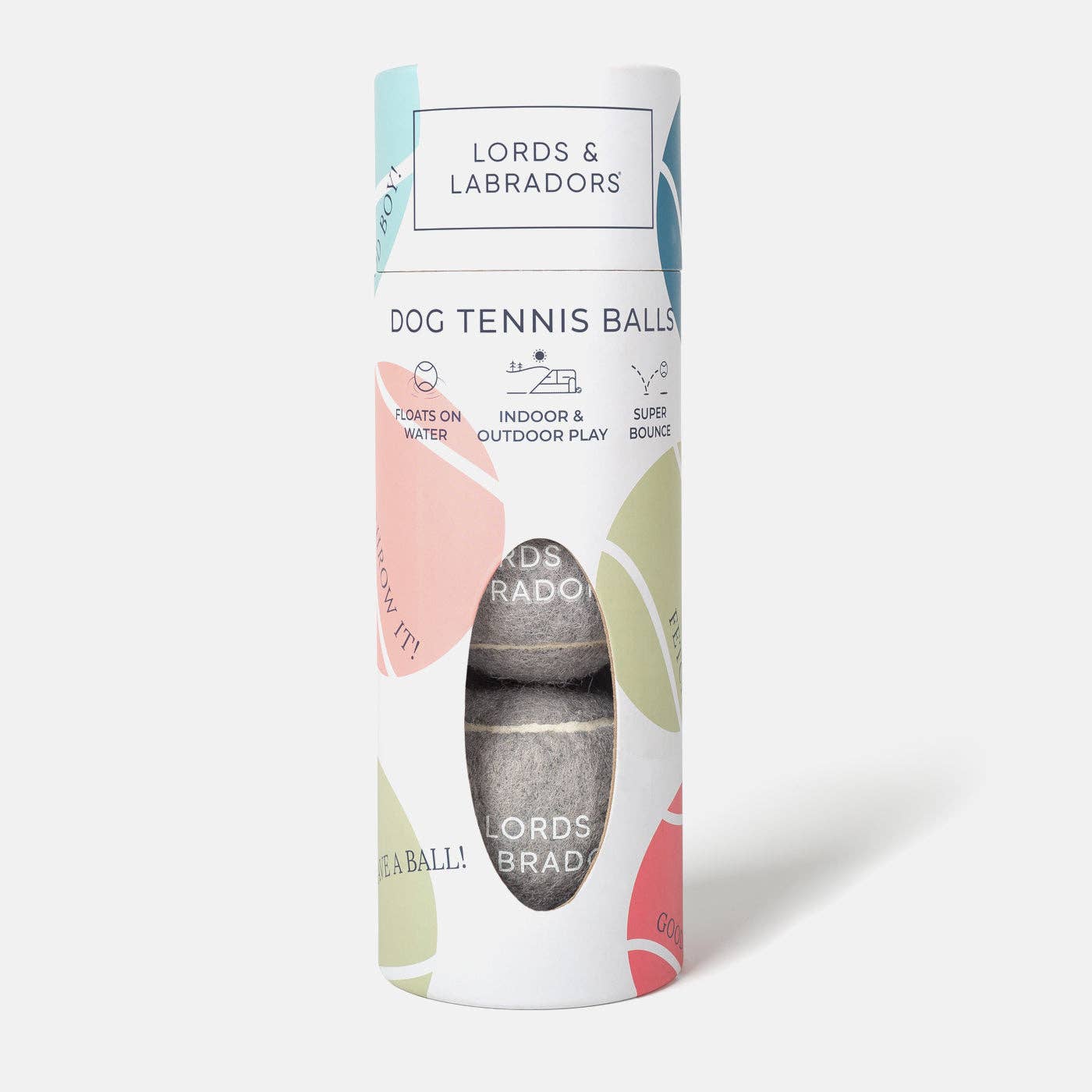 Packaging of Lords & Labradors dog tennis balls on a white background