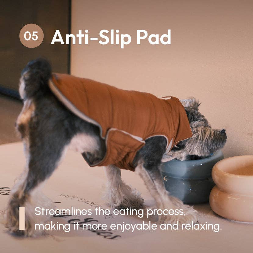 Dog wearing a brown anti-slip pad on a beige floor with pet bowls.